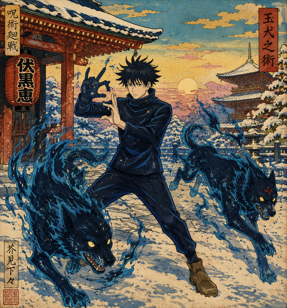 Summoning Divine Dogs with hand shadow gestures in a snow-covered temple courtyard at dawn (vibrant ukiyo-e woodblock print style)