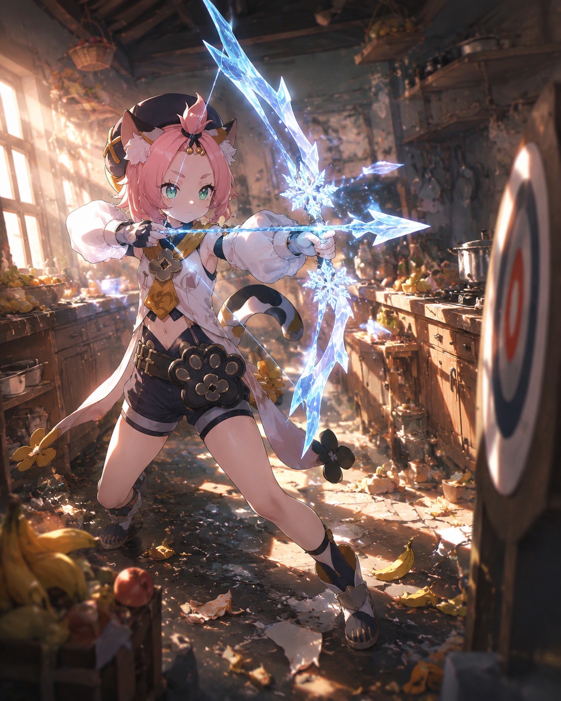 Aiming a cryo-infused bow at a target In a messy kitchen filled with fruit peels (cinematic lighting with dramatic volumetric rays)