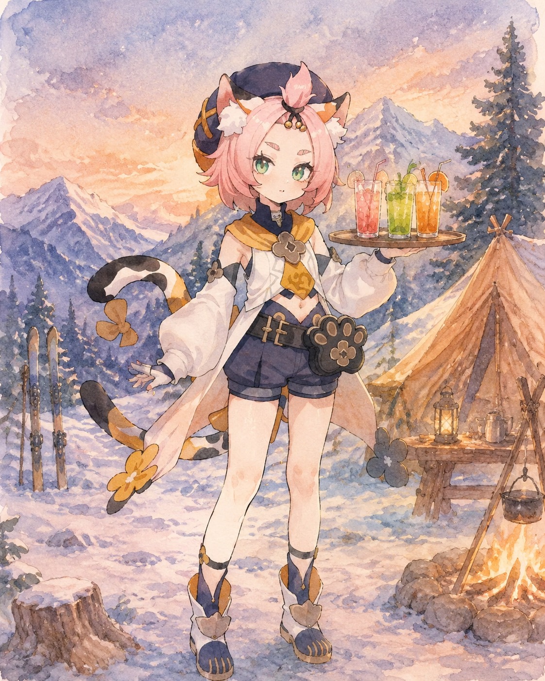 Balancing a tray of colorful juices At a snowy mountainside campsite at dusk (soft pastel watercolor on textured paper)