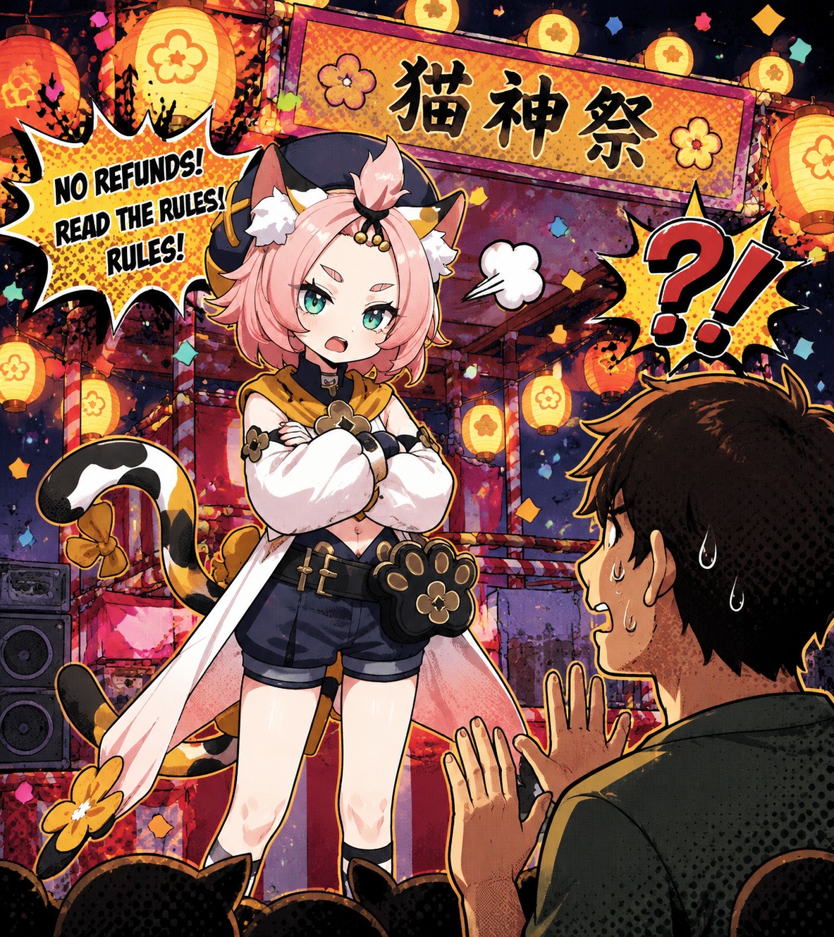 Scolding a customer with her arms crossed On a colorful festival stage with lanterns (pop art style with bold halftone dots)