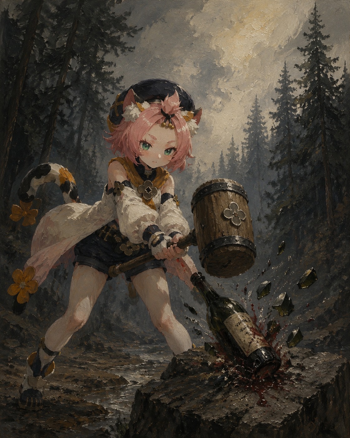 Smashing a wine bottle with a mallet At the edge of a misty pine forest (moody oil painting with thick brushstrokes)