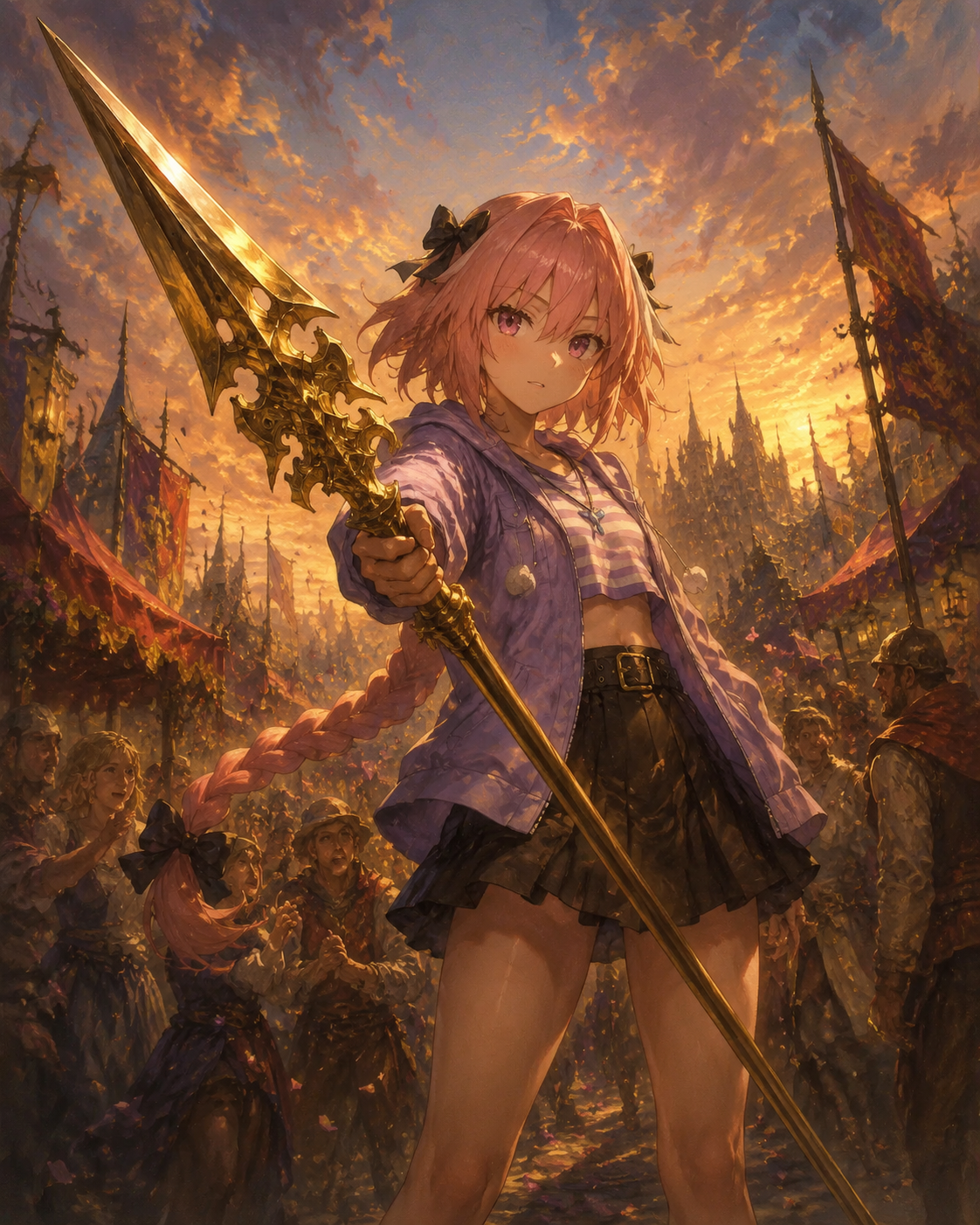 Brandishing the golden lance trap of argalia In a bustling medieval festival at sunset (elegant oil painting, baroque influences)