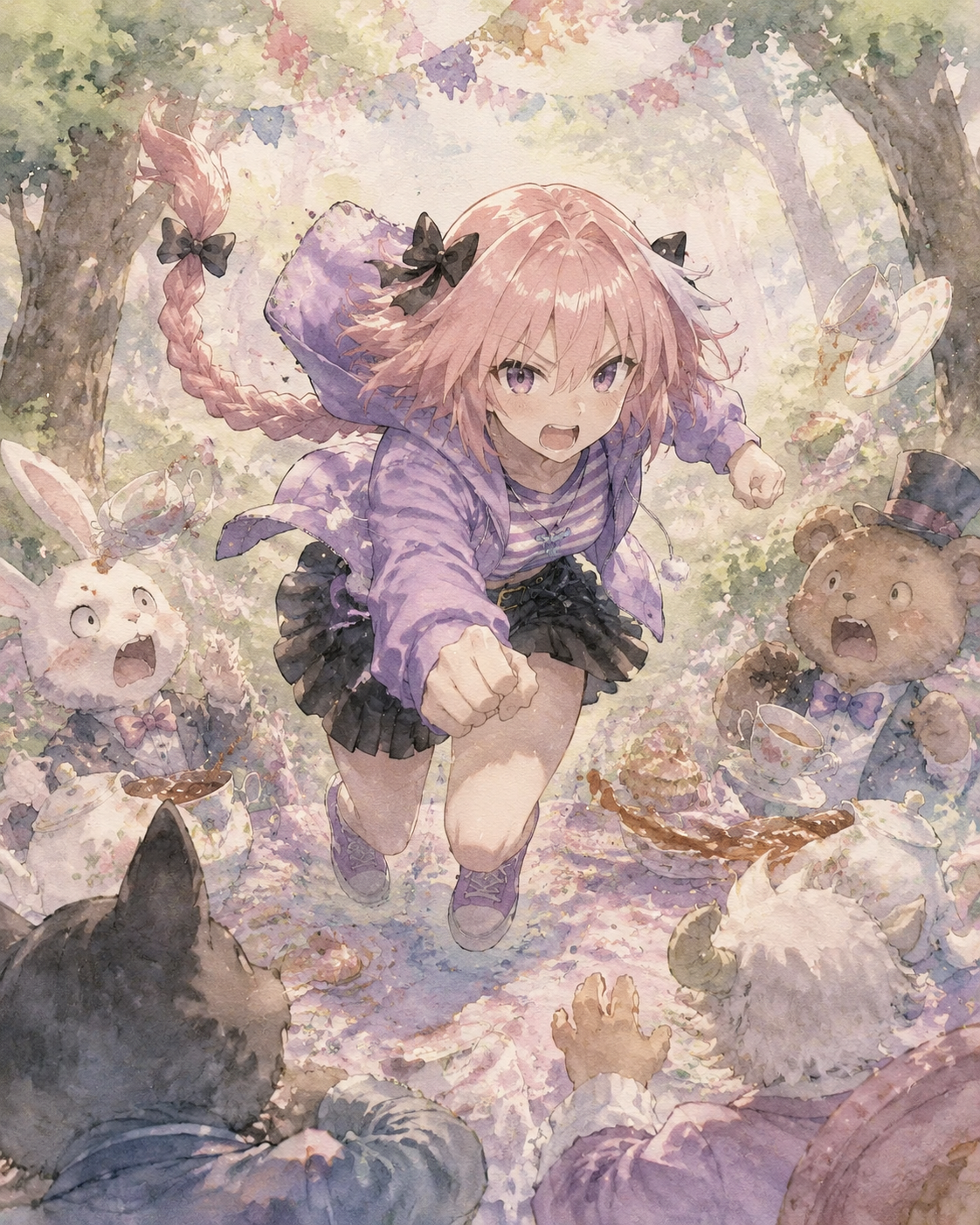 Charging headfirst into a chaotic battle At a messy tea party in a forest clearing (dreamy watercolor, soft pastel tones)