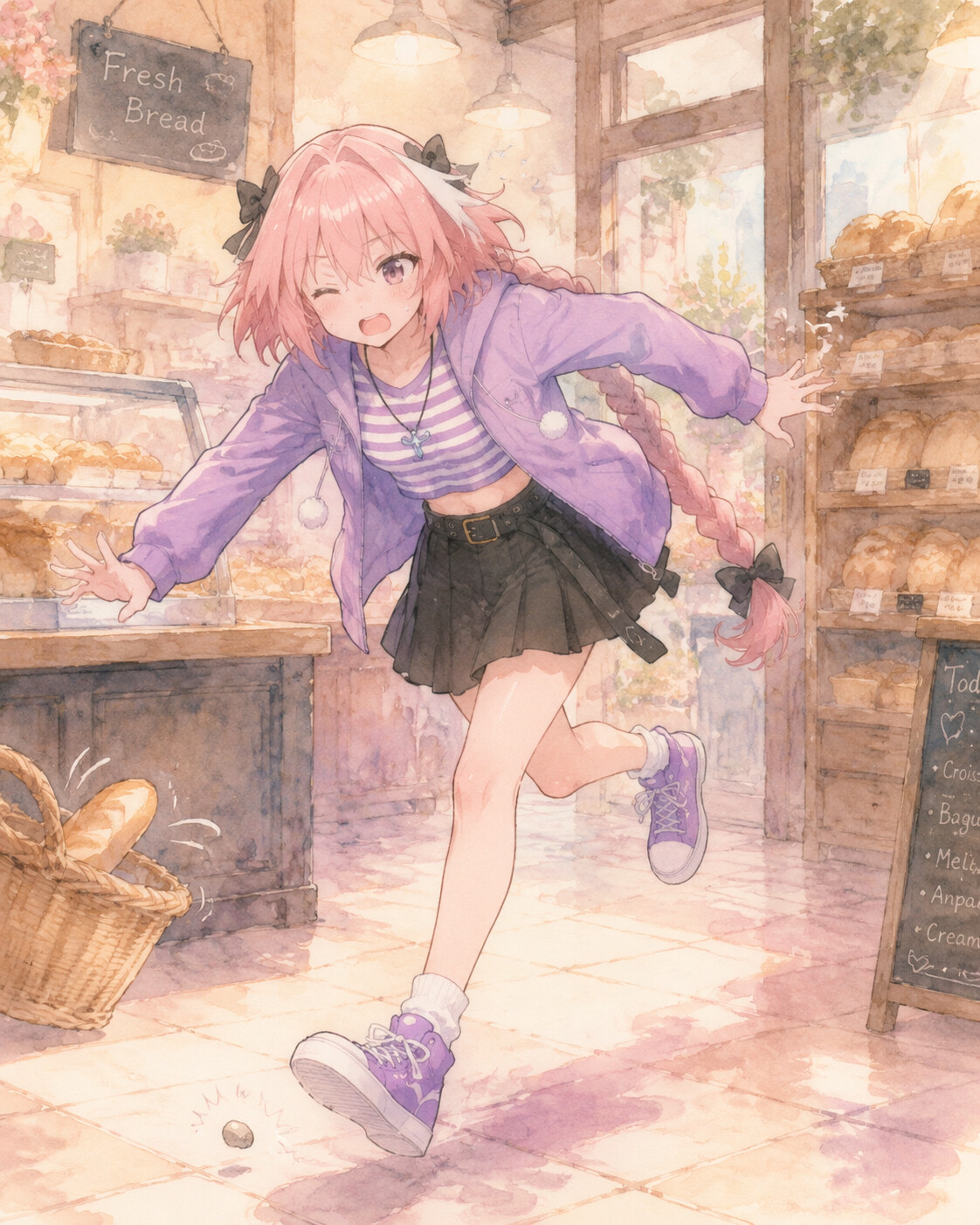 Clumsily tripping over a small pebble in a cozy bakery smelling of fresh bread (dreamy watercolor)