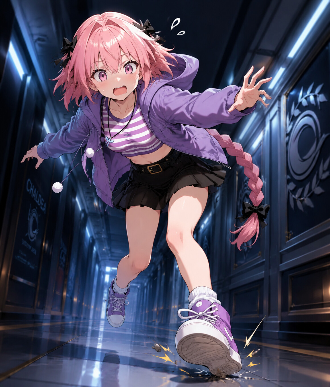 Clumsily tripping over a small pebble in the dimly lit corridors of Chaldea (vibrant anime style)