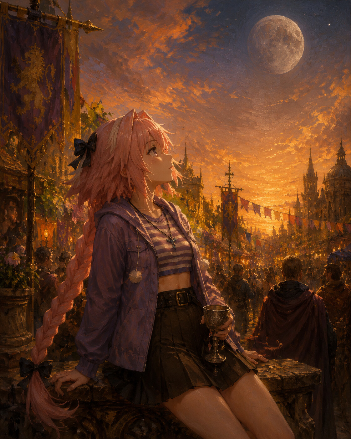 Daydreaming while staring at the moon in a bustling medieval festival at sunset (elegant oil painting)
