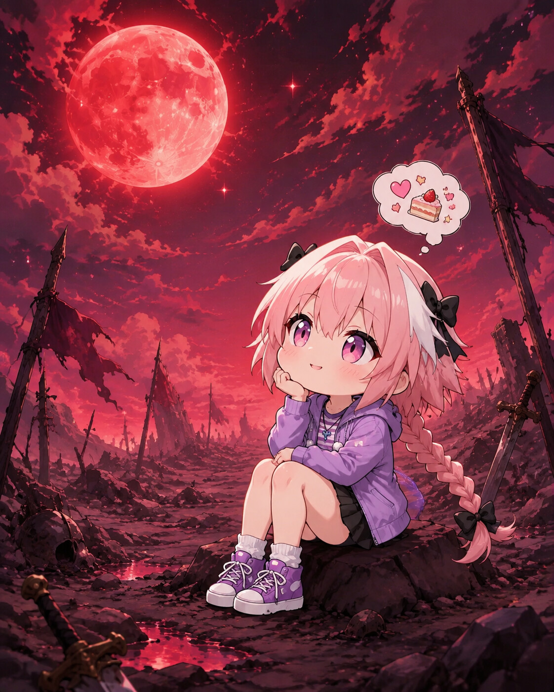 Daydreaming while staring at the moon on a desolate battlefield under a blood-red moon (chibi art style)