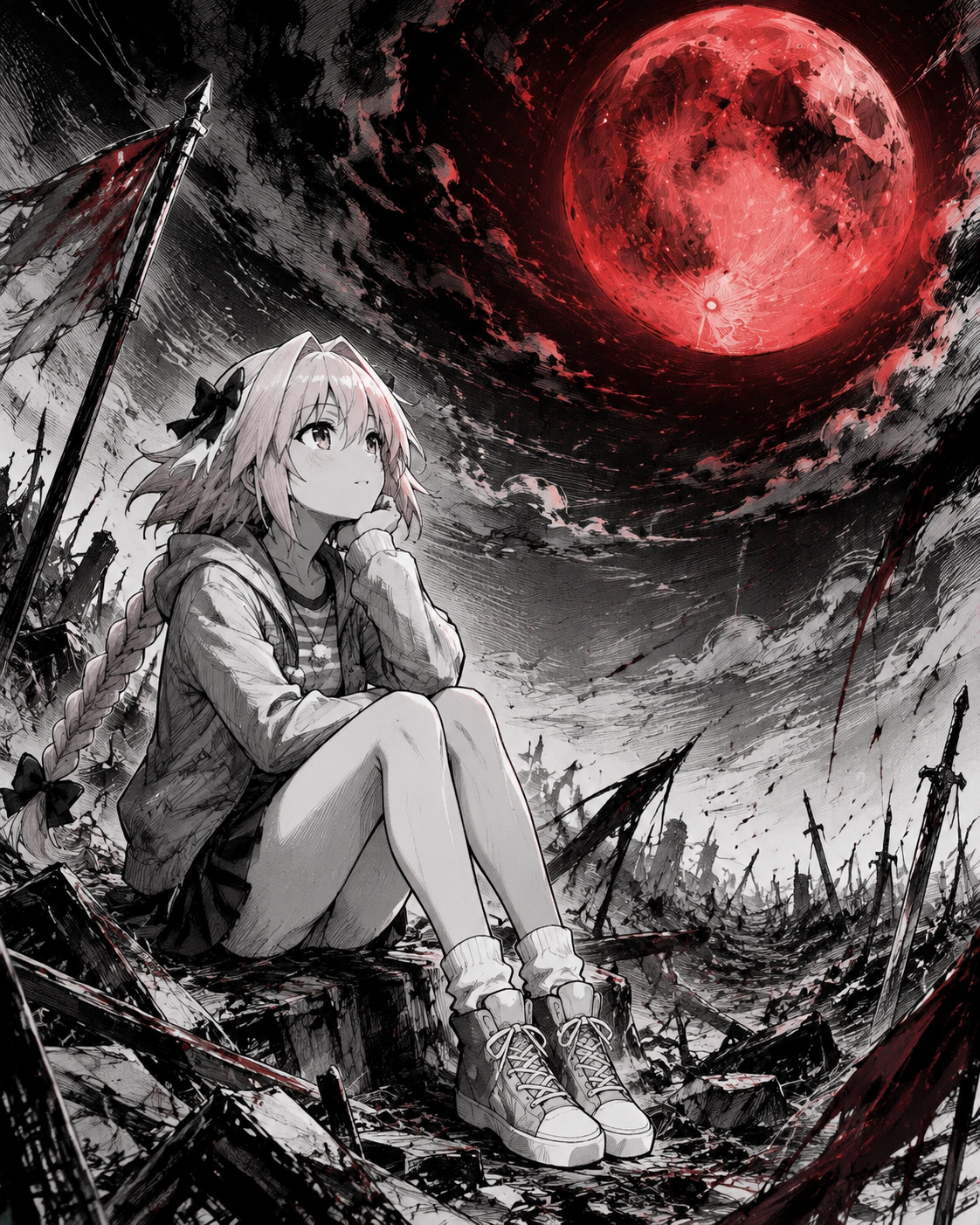 Daydreaming while staring at the moon On a desolate battlefield under a blood-red moon (sketchy manga art, dynamic action lines)