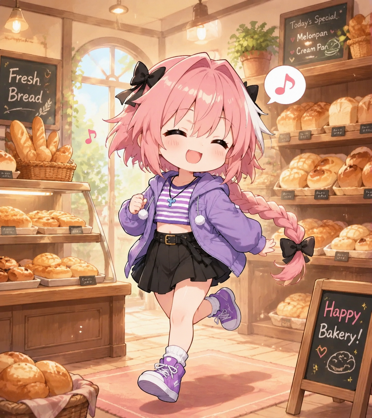 Humming a cheerful tune while skipping along In a cozy bakery smelling of fresh bread (chibi art style, playful and bright)