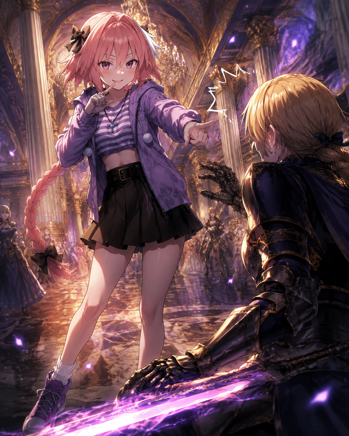 Playfully teasing a fellow servant At a magnificent marble palace during a royal ball (cinematic battle aesthetic, dramatic lighting)