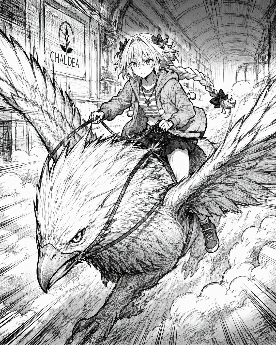 Riding his hippogriff through the clouds In the dimly lit corridors of Chaldea (sketchy manga art, dynamic action lines)