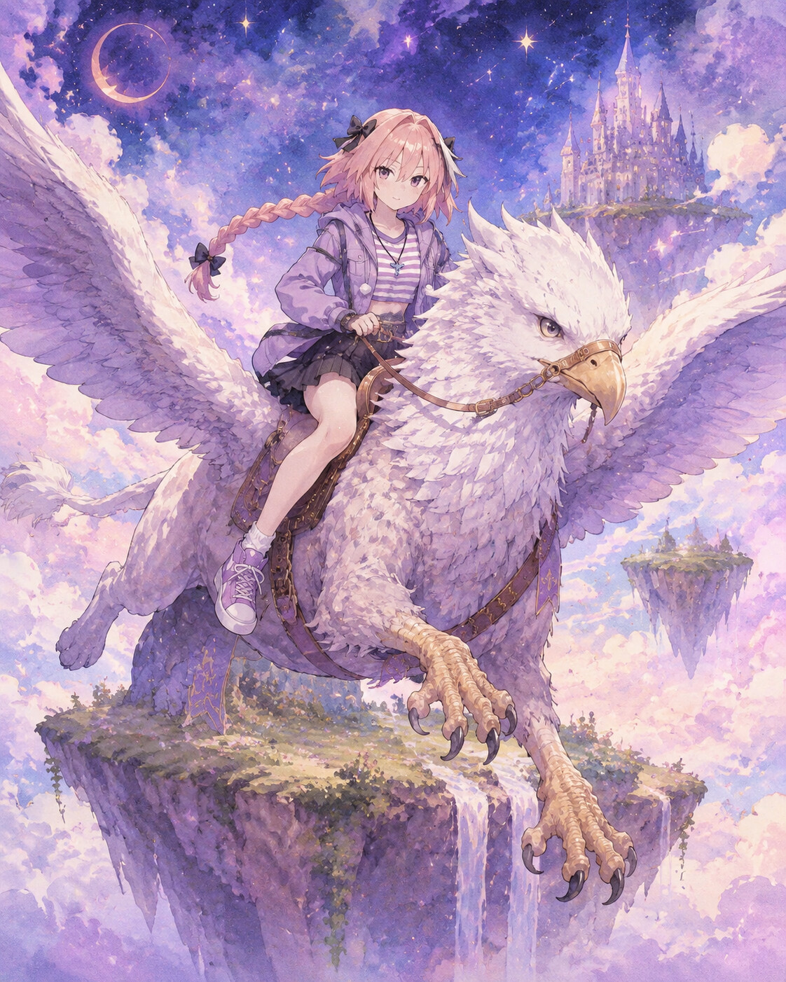 Riding his Hippogriff through the clouds on a floating island amidst a starry sky (dreamy watercolor)