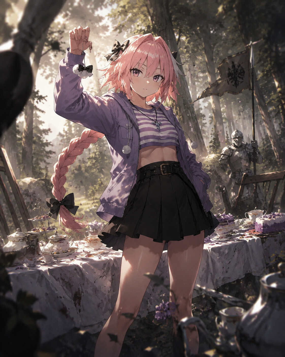 Showing off his latest cute accessory at a messy tea party in a forest clearing (cinematic battle aesthetic)