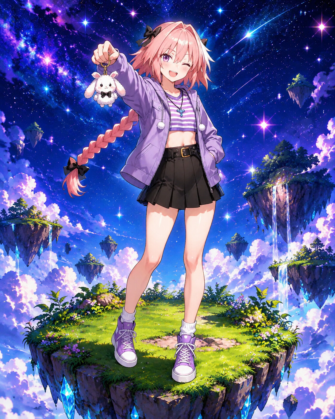 Showing off his latest cute accessory on a floating island amidst a starry sky (vibrant anime style)