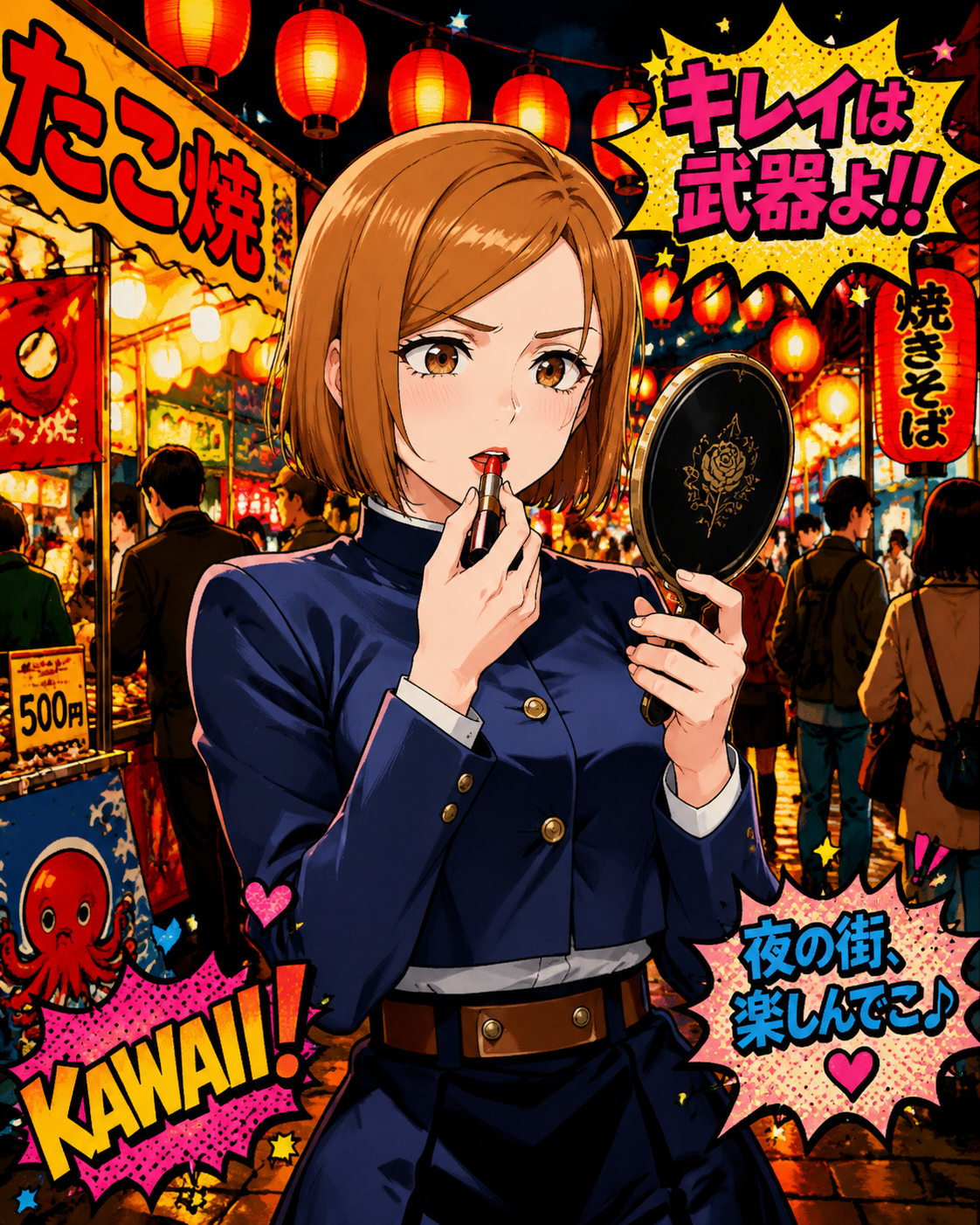 Applying lipstick while looking into a hand mirror At a bustling night market surrounded by warm lanterns (vibrant pop art, bold outlines)