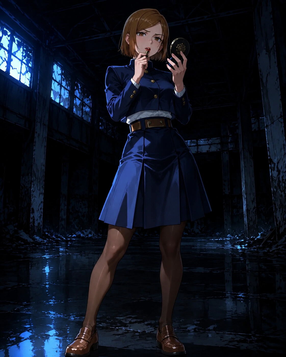 Applying lipstick while looking into a hand mirror at a dark abandoned warehouse with eerie blue shadows (high-fashion editorial)