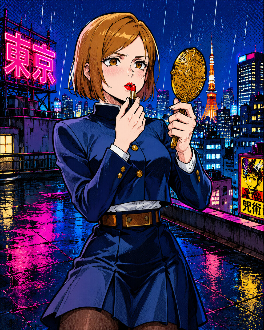 Applying lipstick while looking into a hand mirror on a rain-slicked rooftop overlooking the city skyline (vibrant pop art)