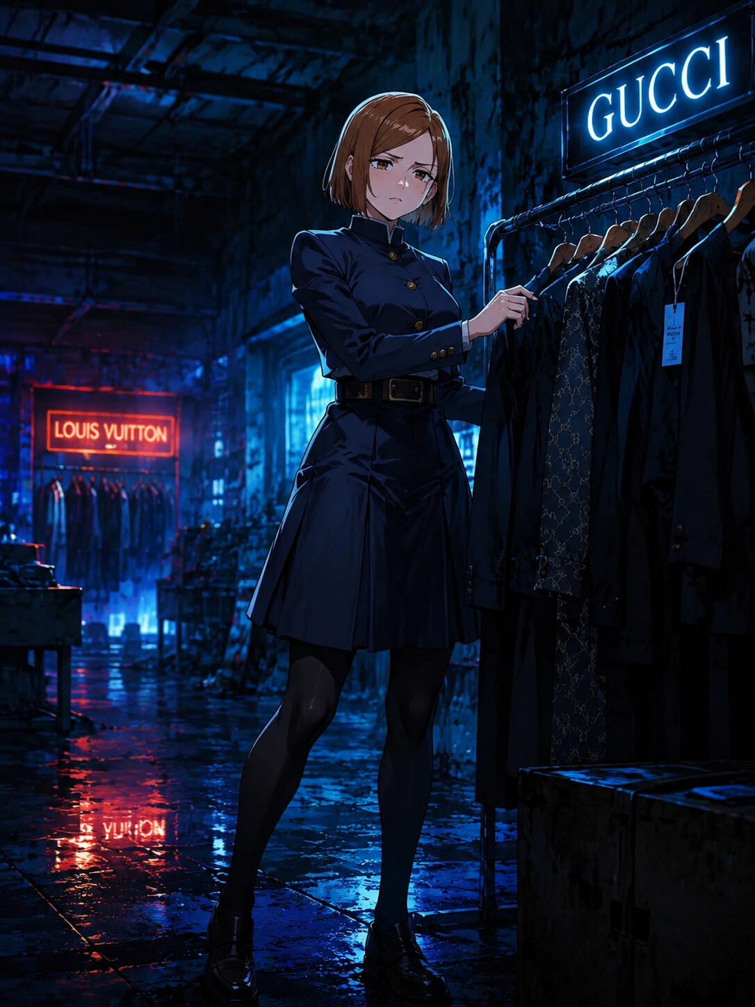 Browsing high-end fashion boutiques in Ginza at a dark abandoned warehouse with eerie blue shadows (cinematic cyberpunk)