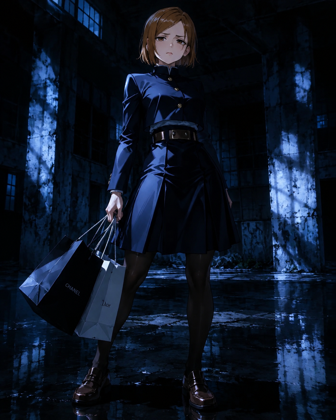 Browsing high-end fashion boutiques in ginza At a dark abandoned warehouse with eerie blue shadows (high-fashion editorial, stark high contrast)