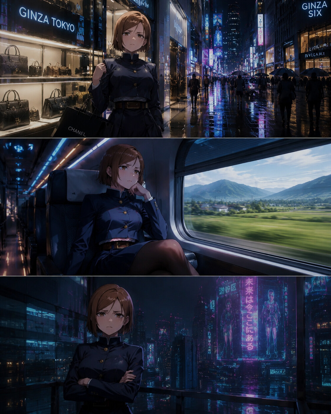 Browsing high-end fashion boutiques in Ginza on a high-speed train passing through rural Japan (cinematic cyberpunk)
