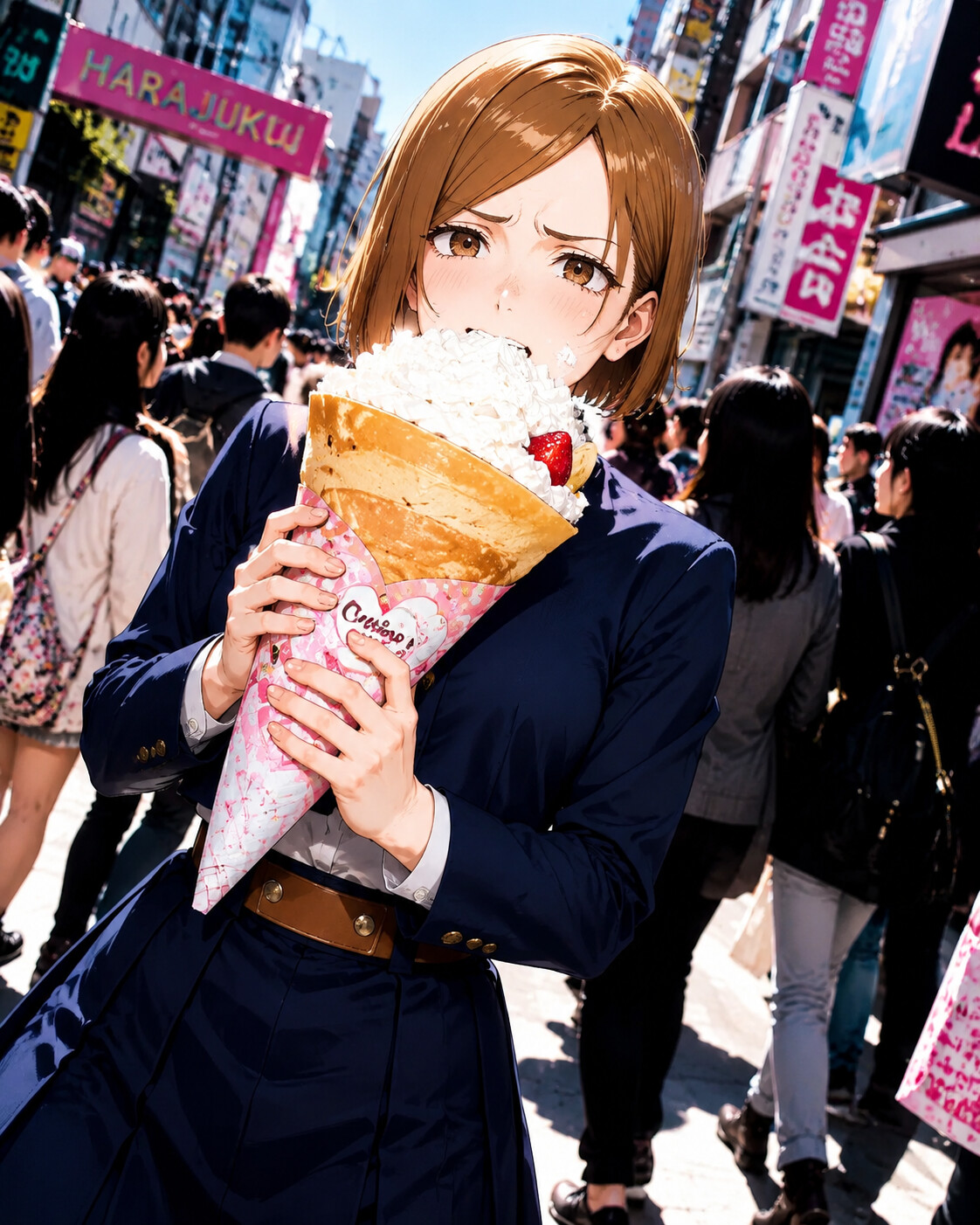 Eating a giant crepe overflowing with whipped cream in a crowded Harajuku street under bright afternoon sun (high-fashion editorial)