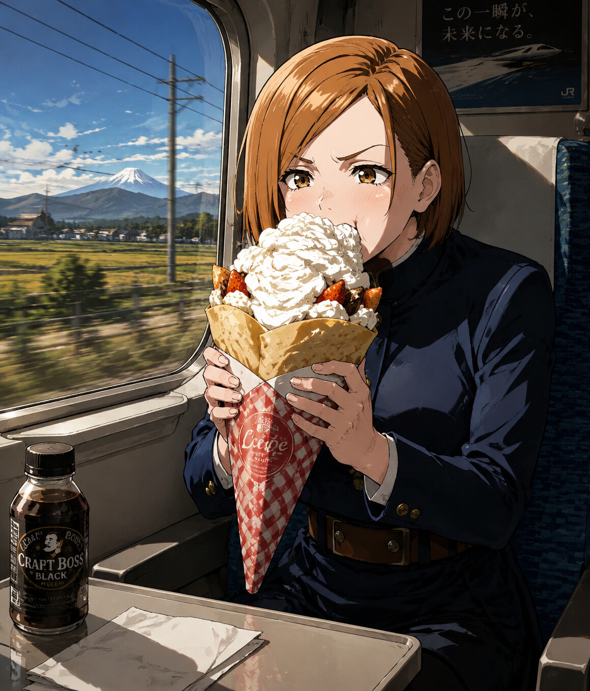 Eating a giant crepe overflowing with whipped cream on a high-speed train passing through rural Japan (gritty urban anime)