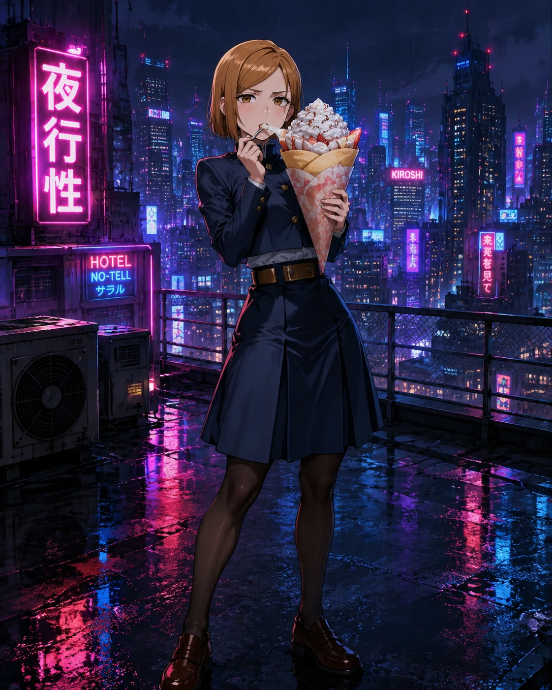 Eating a giant crepe overflowing with whipped cream On a rain-slicked rooftop overlooking the city skyline (cinematic cyberpunk, neon reflections)