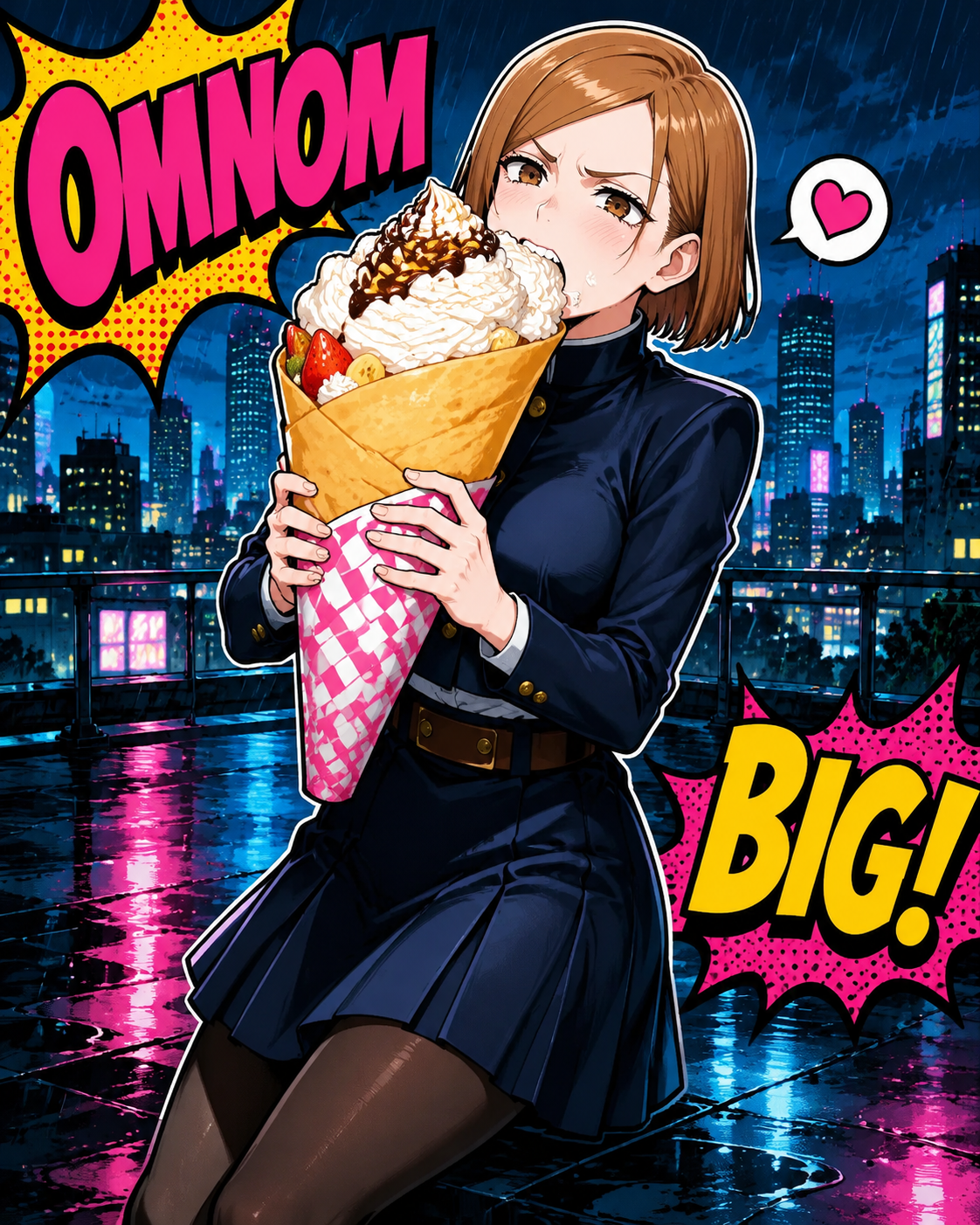 Eating a giant crepe overflowing with whipped cream On a rain-slicked rooftop overlooking the city skyline (vibrant pop art, bold outlines)