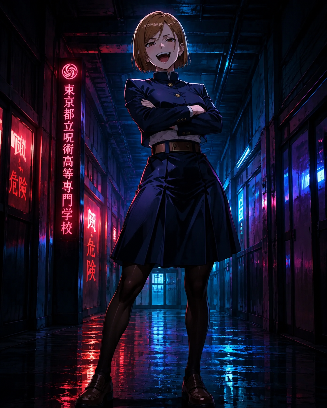 Laughing loudly with her arms crossed confidently In the dimly lit hallways of Jujutsu High (cinematic cyberpunk, neon reflections)