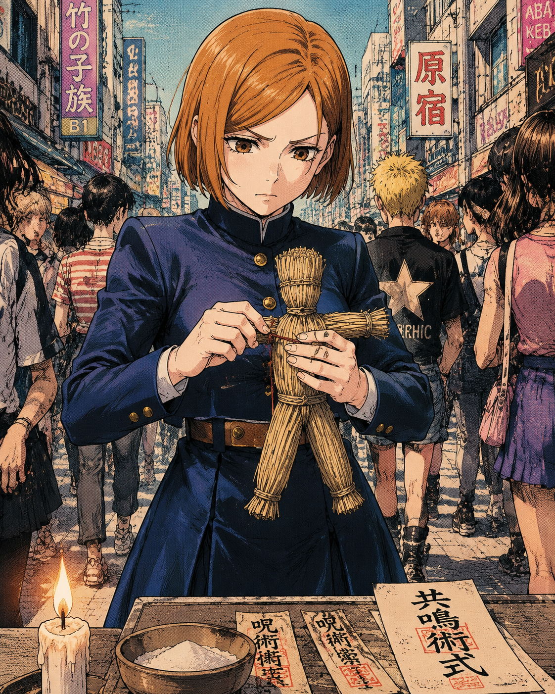 Preparing her straw doll for a resonance ritual In a crowded Harajuku street under bright afternoon sun (retro 90s manga aesthetic, grainy texture)