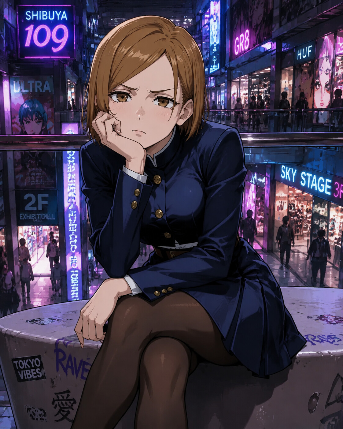 Resting her chin on her hand looking bored at a trendy Tokyo shopping mall under neon lights (gritty urban anime)