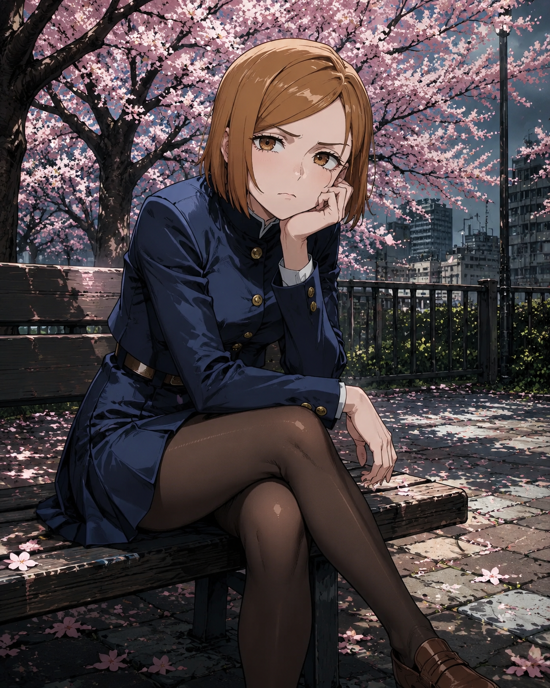 Resting her chin on her hand looking bored In a quiet park filled with blooming cherry blossoms (gritty urban anime, sharp cel shading)