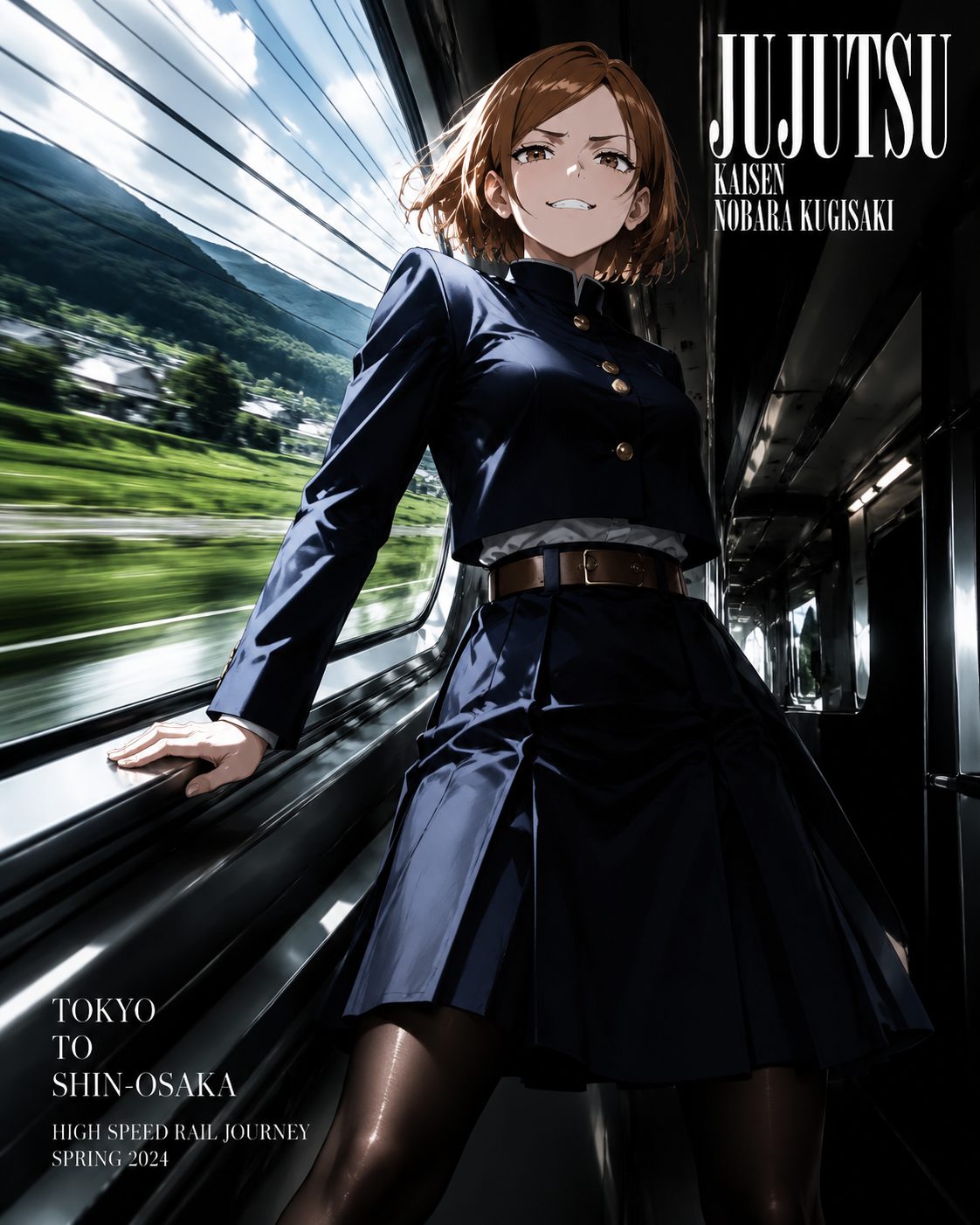 Standing defiantly with a fierce grin On a high-speed train passing through rural Japan (high-fashion editorial, stark high contrast)