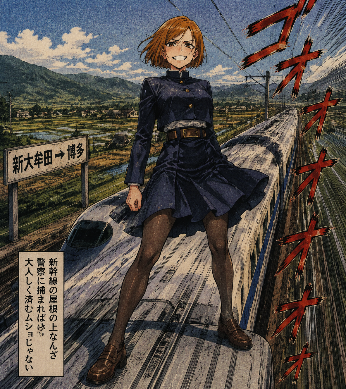 Standing defiantly with a fierce grin On a high-speed train passing through rural Japan (retro 90s manga aesthetic, grainy texture)