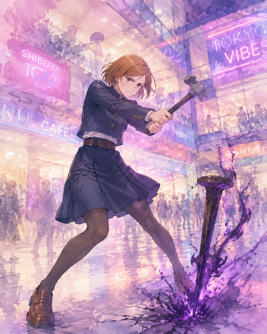 Swinging her hammer to strike a cursed nail At a trendy Tokyo shopping mall under neon lights (soft watercolor, dreamy pastel lighting)