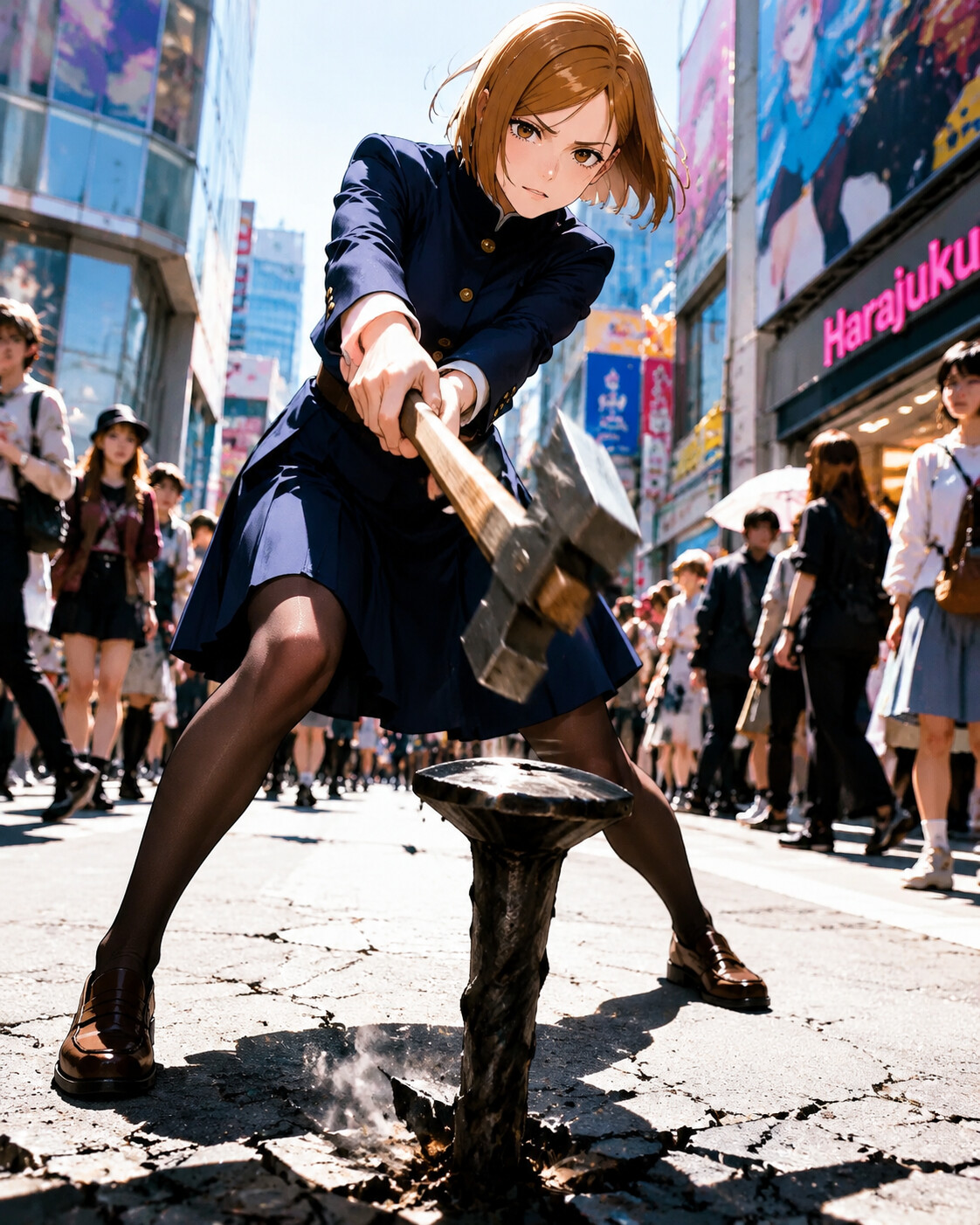 Swinging her hammer to strike a cursed nail in a crowded Harajuku street under bright afternoon sun (high-fashion editorial)