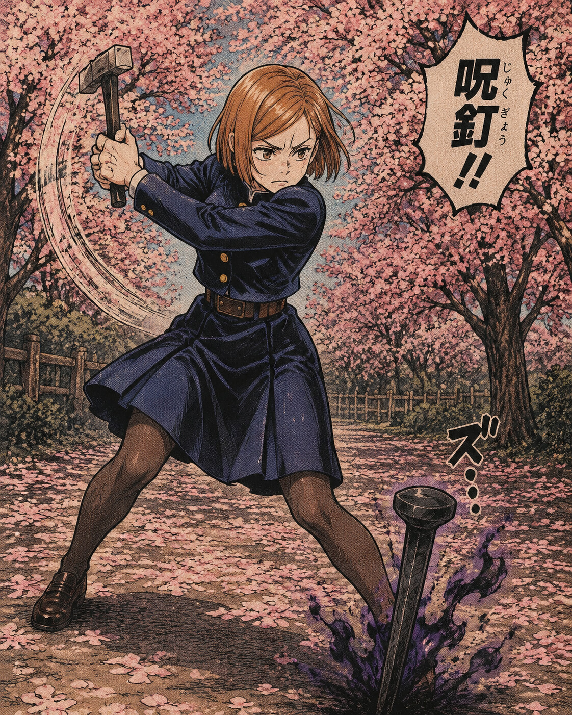 Swinging her hammer to strike a cursed nail in a quiet park filled with blooming cherry blossoms (retro 90s manga aesthetic)