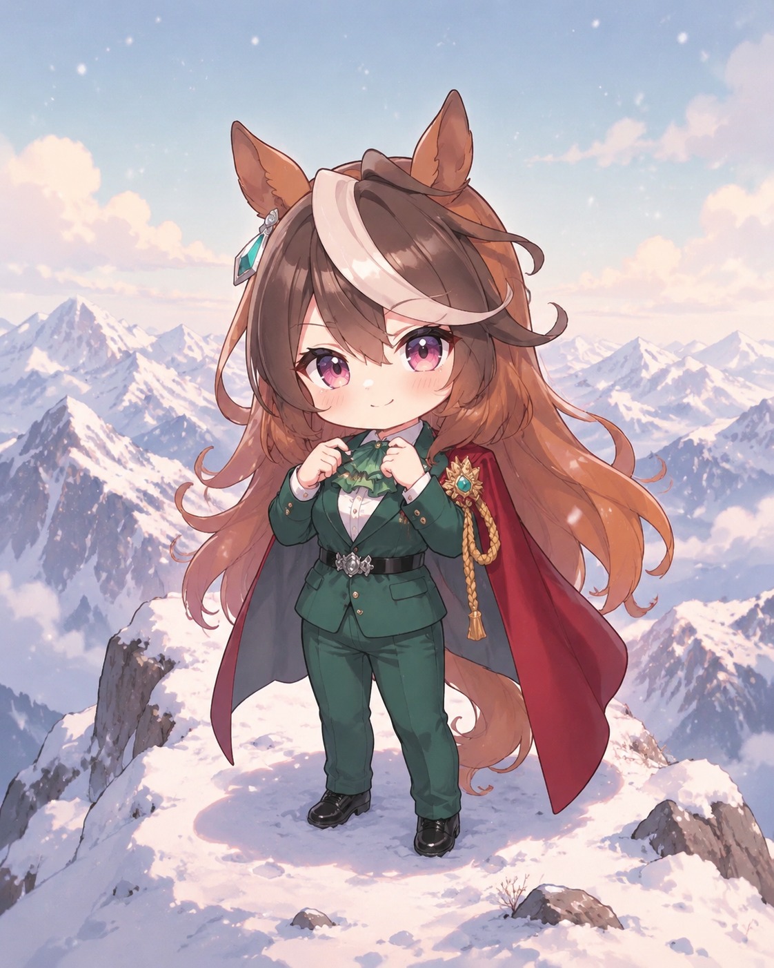 Adjusting her signature green cravat On a snow-covered mountain ridge (adorable chibi style, soft pastel palette)