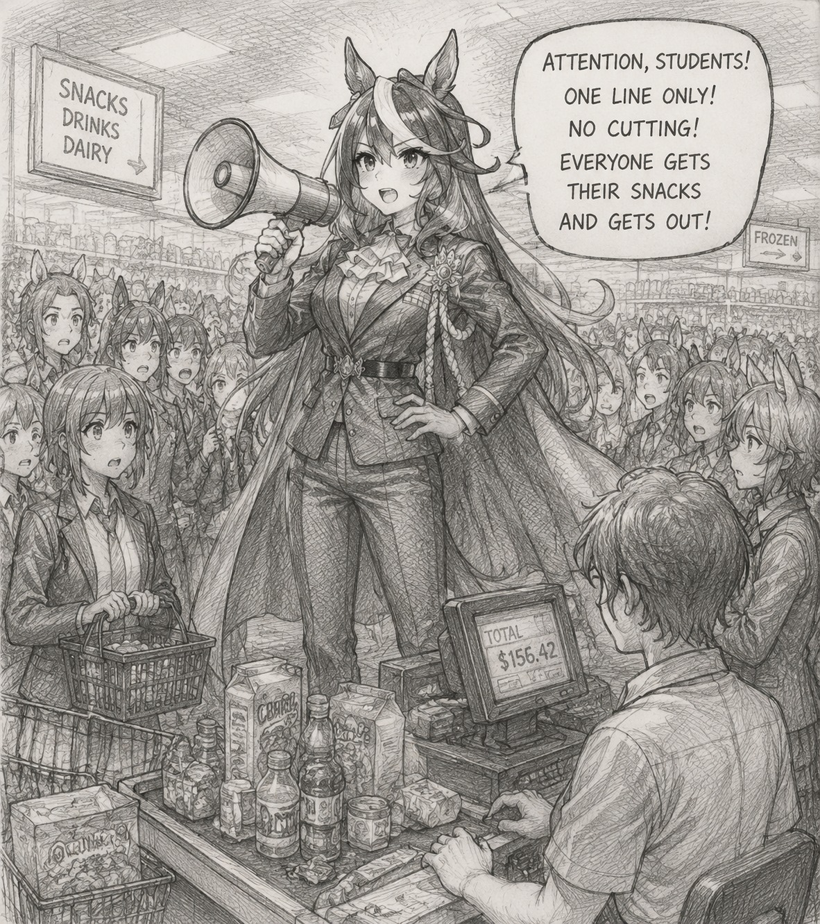 Commanding the student body with a megaphone At a crowded grocery store checkout (sketchbook pencil drawing, crosshatched shadows)