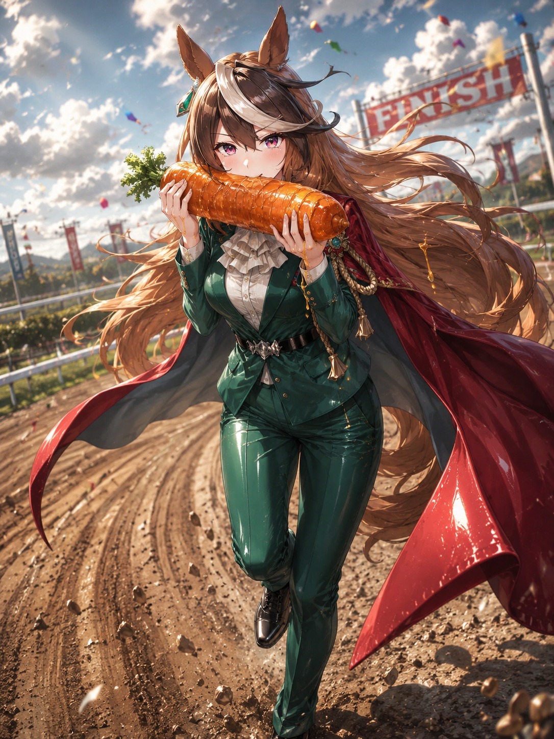 Eating a giant honey-glazed carrot On the final corner of a dirt track (hyper-detailed digital art, metallic sheen)