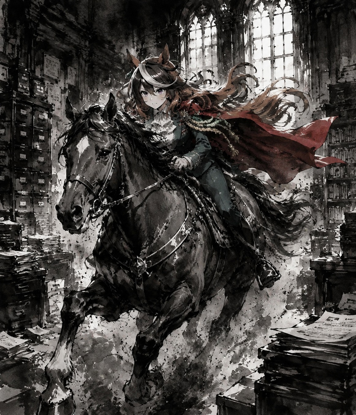 Galloping at full speed across the grass In a dusty archive room with high windows (gothic noir, high contrast ink wash)