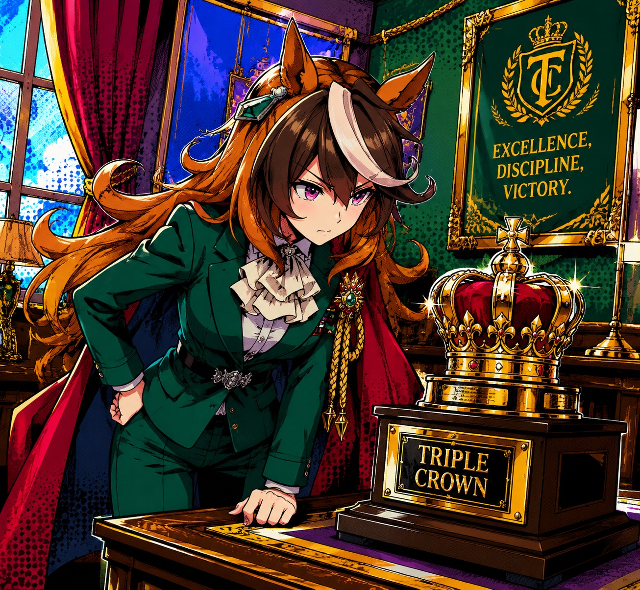 Gazing intensely at the triple crown trophy In the opulent student council office (vibrant pop art, bold outlines)