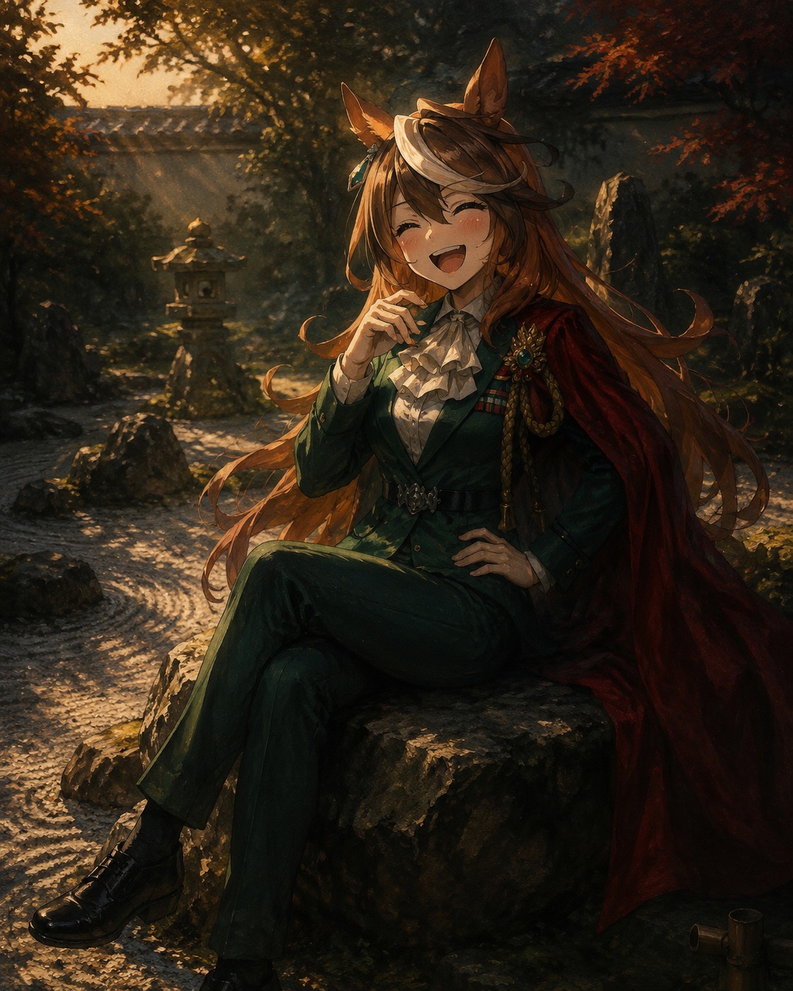 Laughing heartily at her own dad joke In a serene Japanese rock garden (cinematic oil painting, chiaroscuro lighting)
