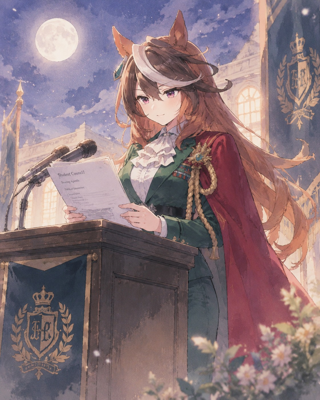 Reviewing student council documents At a moonlit podium during a ceremony (soft watercolor anime, morning light)