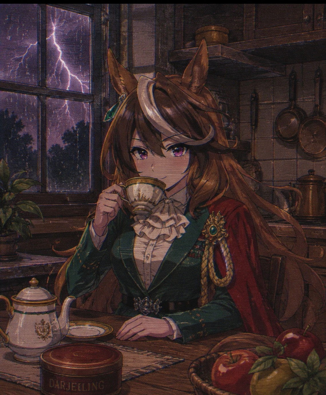 Sipping a cup of premium black tea In a cozy kitchen during a thunderstorm (retro 90s OVA, grainy film aesthetic)