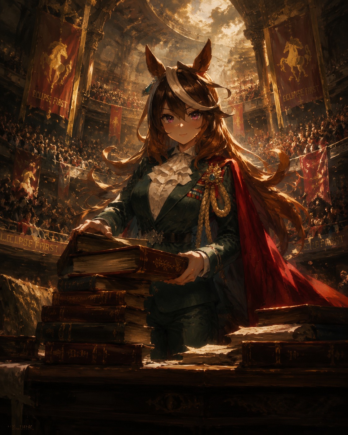 Tidying a stack of leather-bound books At the center of a roaring stadium (cinematic oil painting, chiaroscuro lighting)