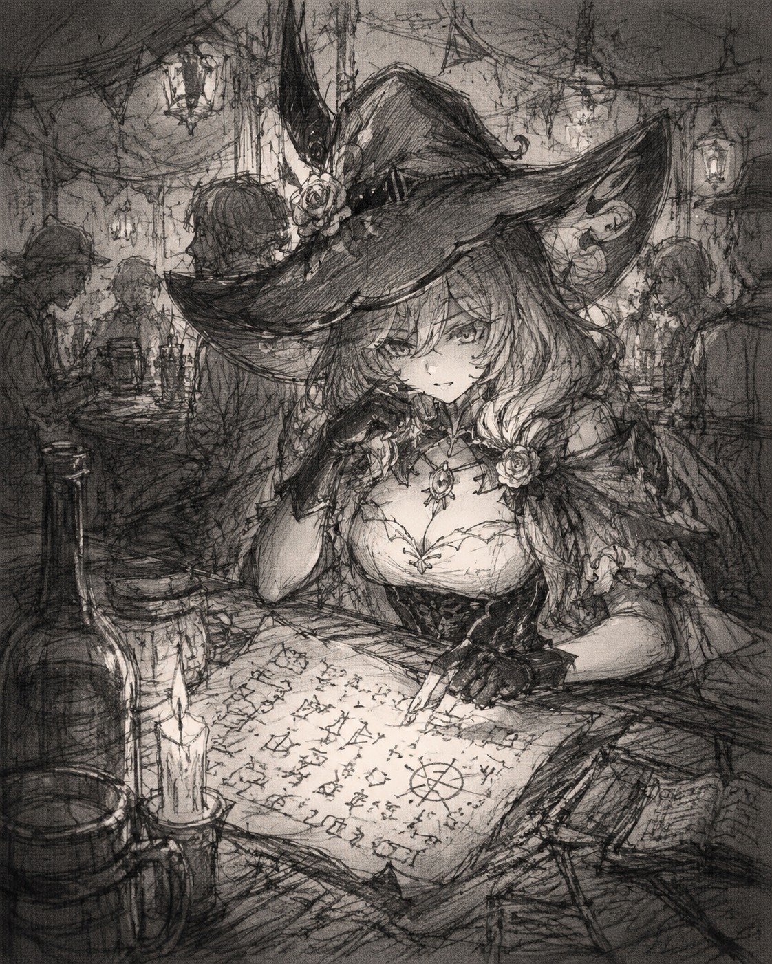Decoding a cryptic cipher on parchment In a dimly lit tavern during a festival (rough charcoal sketch, messy lines)