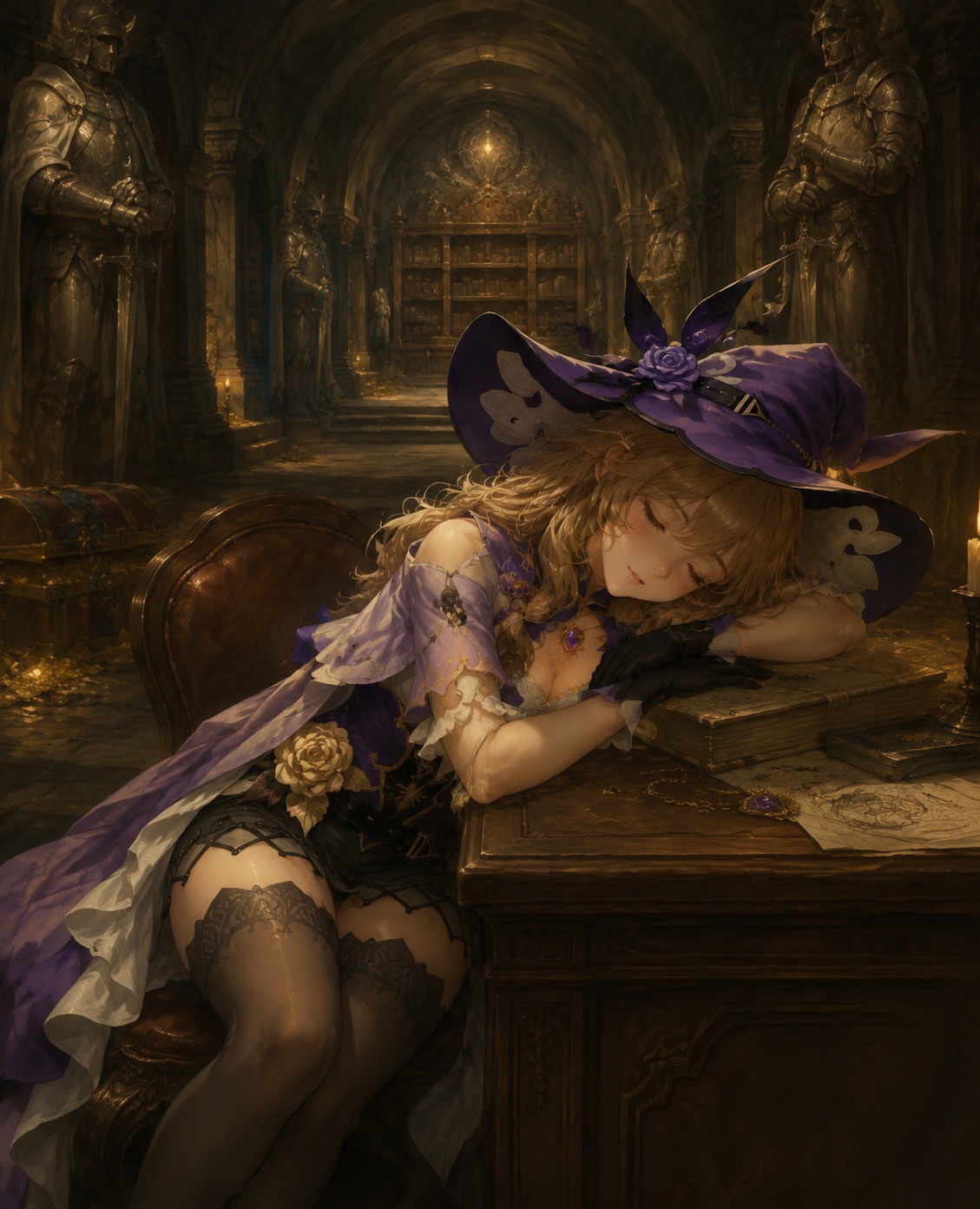 Napping peacefully against a wooden desk In an underground vault guarded by statues (classical oil painting, rich textures)