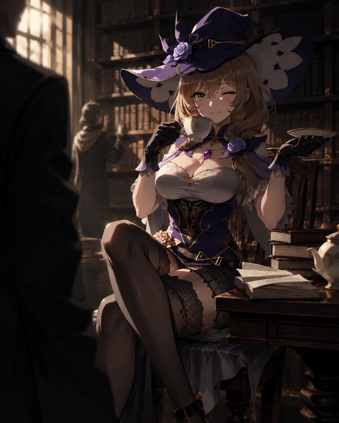 Sipping tea while winking at a passerby In the silent library of Favonius (cinematic noir, sharp shadows and highlights)