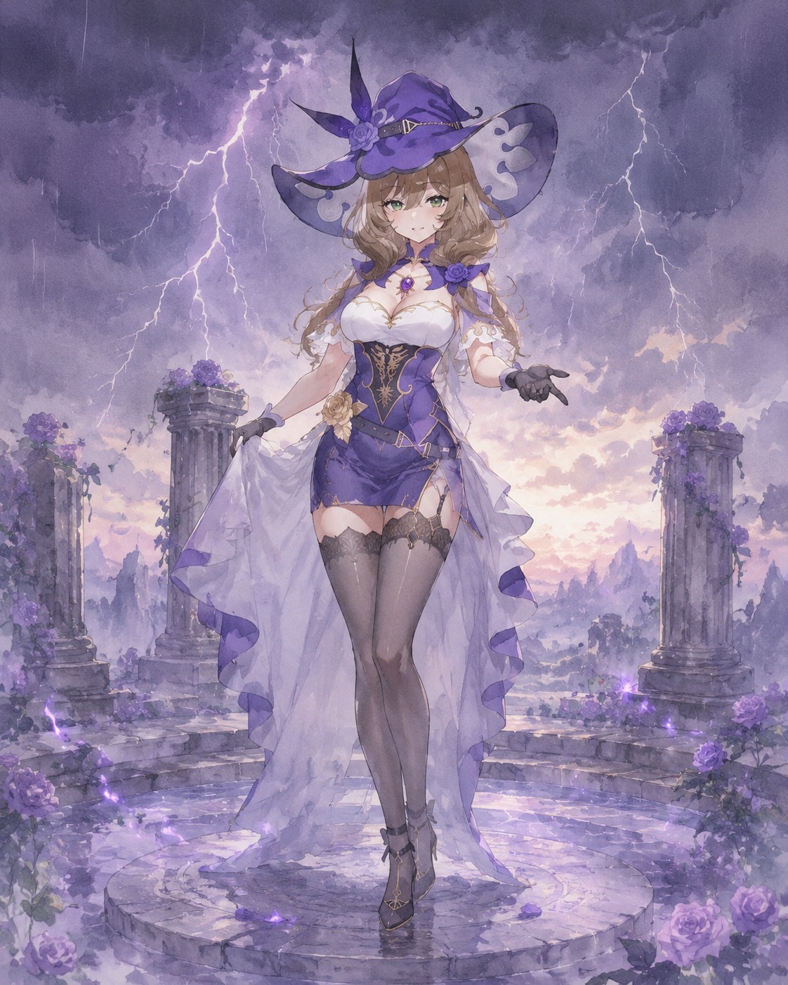 Smoothing her elegant purple dress On a stone altar during a thunderstorm (soft watercolor, delicate pastel hues)
